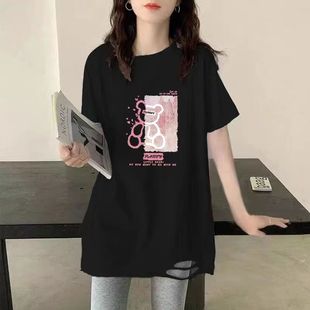 遮屁股t恤女上衣 纯棉黑色2024新款 春夏短袖 大码 宽松ins中长款