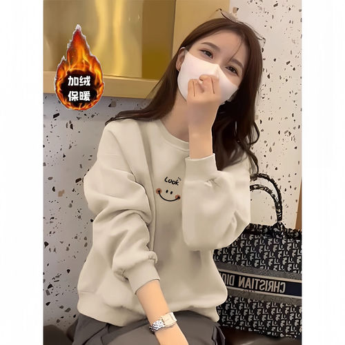 正肩纯棉卫衣女2025新款春秋款长袖宽松圆领冬季加绒加厚打底上衣
