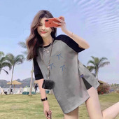 纯棉拼色开叉T恤2026春夏新款 上衣ins 洋气宽松中长款 显瘦短袖 韩版