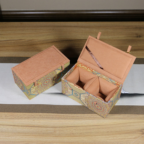 万花宋锦双杯礼品盒厚板国风包装盒杯子建盏高档锦盒刻字空礼盒