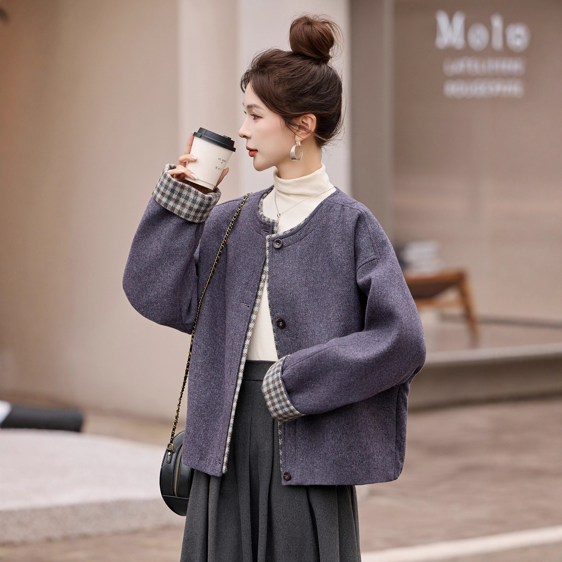 极简风圆领短款毛呢大衣外套女2025秋冬款宽松气质格纹大衣女外套