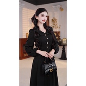 v领黑色连衣裙X 3069 新款 泡泡袖 小糯米专享 珩绣秋季