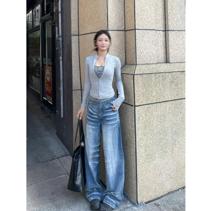 高个子加长设计感折痕牛仔裤女