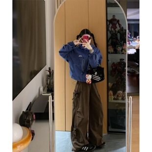 高个子加长美拉德咖色多口袋褶皱阔腿牛仔裤女设计感显瘦工装裤潮