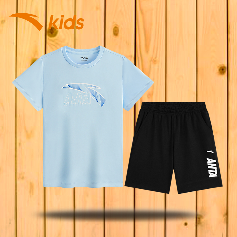 安踏童装儿童秋季套装2025男童新款短袖短裤夏装大童青少年运动服