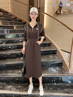 洋气收腰显瘦中长款 新款 A字裙子 连帽抽绳休闲裙女2023早春季 时尚