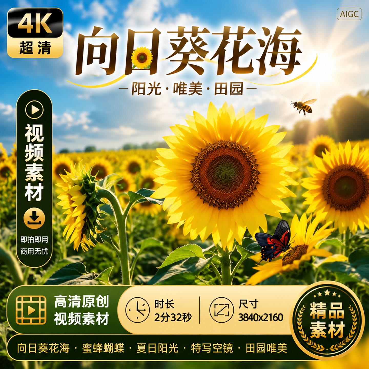 高清向日葵唯美夏天阳光花海原创蜜蜂蝴蝶特空镜田园视频素材