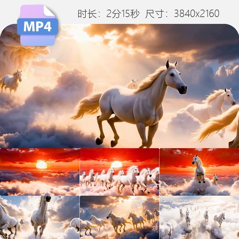高清白马奔腾迎新春天马奔跑云海红日升万马奔腾励志背景视频素材