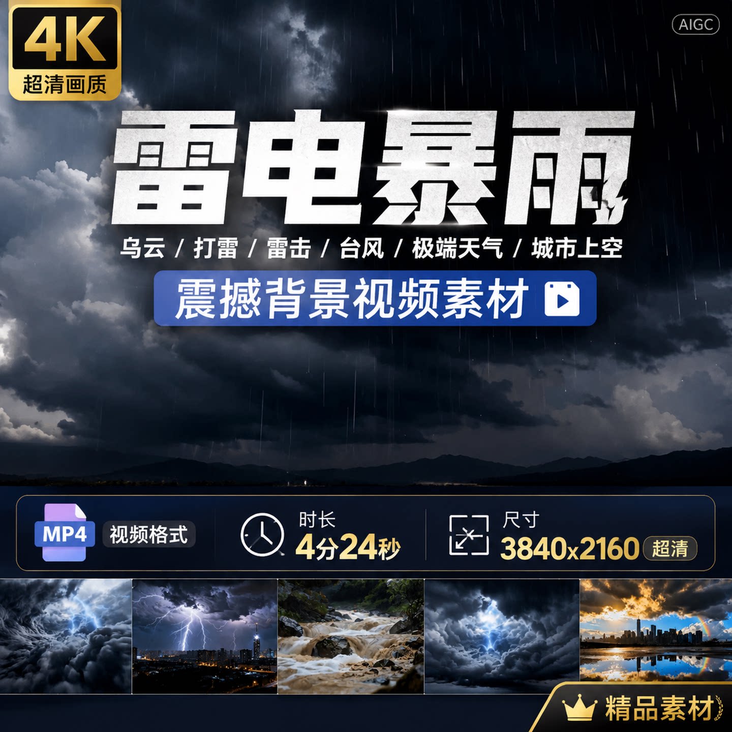 高清雷电乌云暴雨台风打雷雷击极端天气城市上空震撼背景视频素材图片
