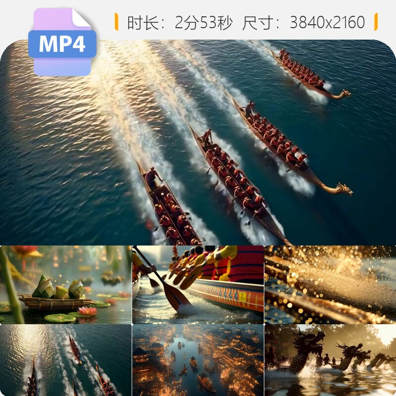高清龙舟竞渡端午节水上赛龙舟团队拼搏桨花溅非遗AIGC视频素材