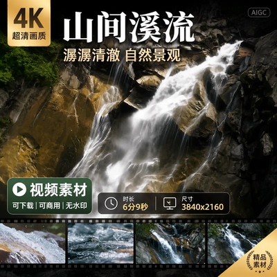 高清山间溪流潺潺清澈石间流淌自然景观4k湍急岩花涧视频素材
