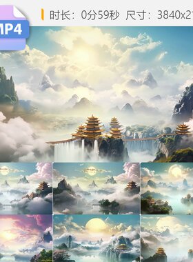 高清仙境神话天宫4k场景云海庭殿南门舞台背景中国风凌霄宝殿九重