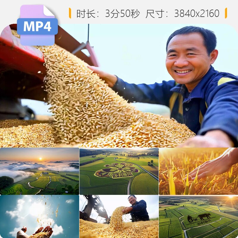 高清乡村振兴农民稻谷丰收水稻粮食作物三农喜悦笑容视频素材