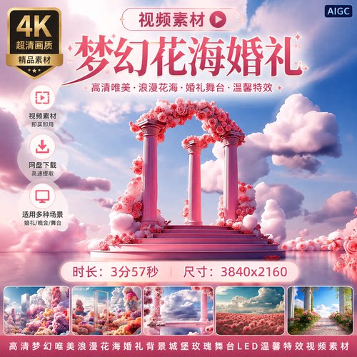 高清梦幻唯美浪漫花海婚礼背景城堡玫瑰舞台led温馨特效视频素材
