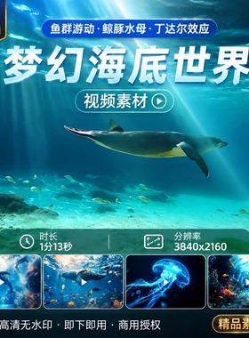 高清梦幻海底世界鱼群游动鲸豚水母丁达尔效应蓝色巨鲸视频素材