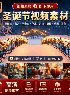 高清圣诞节圣诞树老人平安夜苹果火鸡祝福动画雪花小视屏视频素材