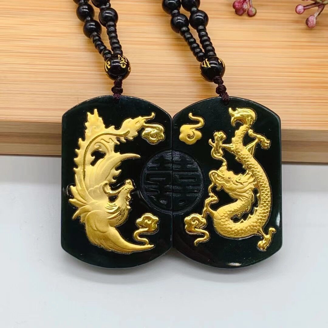 金镶玉龙凤情侣吊坠一对和田墨玉足金双喜对牌新婚订婚玉石项链