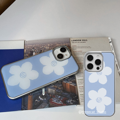 韩系ins设计冰蓝奶白花欧尼博主同款手机壳适用于iphone17promax/