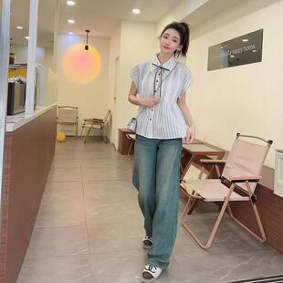 [现货]2025春季新款翻领蝴蝶结单排扣条纹短袖衬衫女