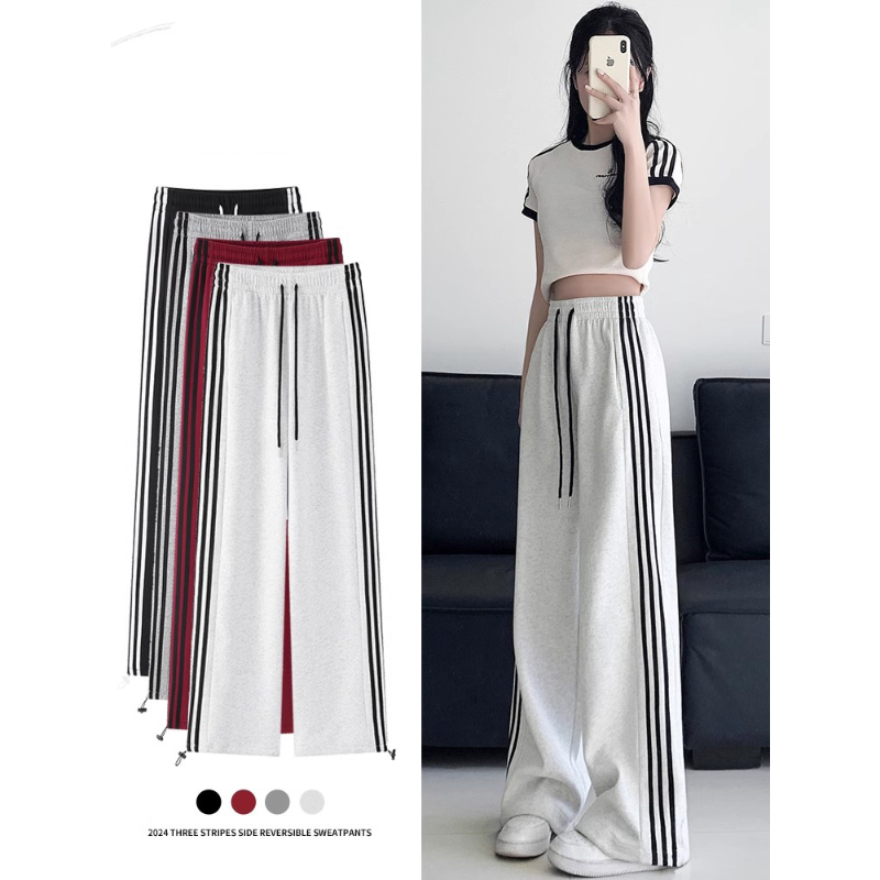 胖妹妹大码白灰色运动裤女春夏薄款卫裤高腰宽松条纹阔腿休闲裤子