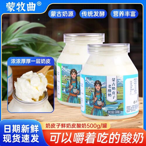 蒙牧曲鲜奶皮酸奶 蒙古特产 传统发酵奶皮子低温酸奶零食 500g2罐