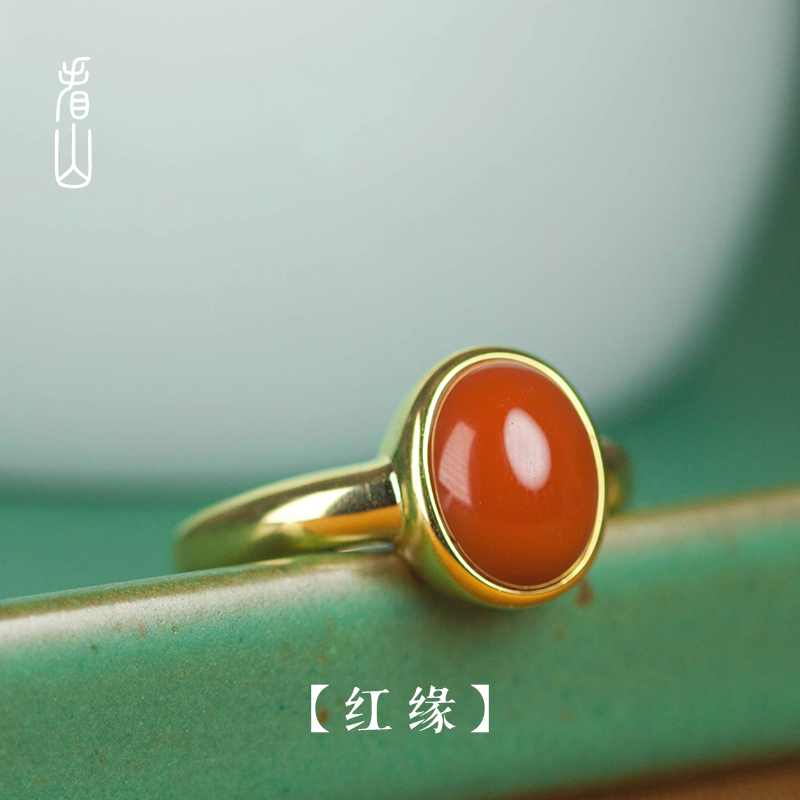 看山女式新中式南红纯银戒指