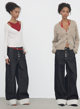 Grown Notold 原牛明线撞色裤脚宽翻边中腰直筒牛仔长裤