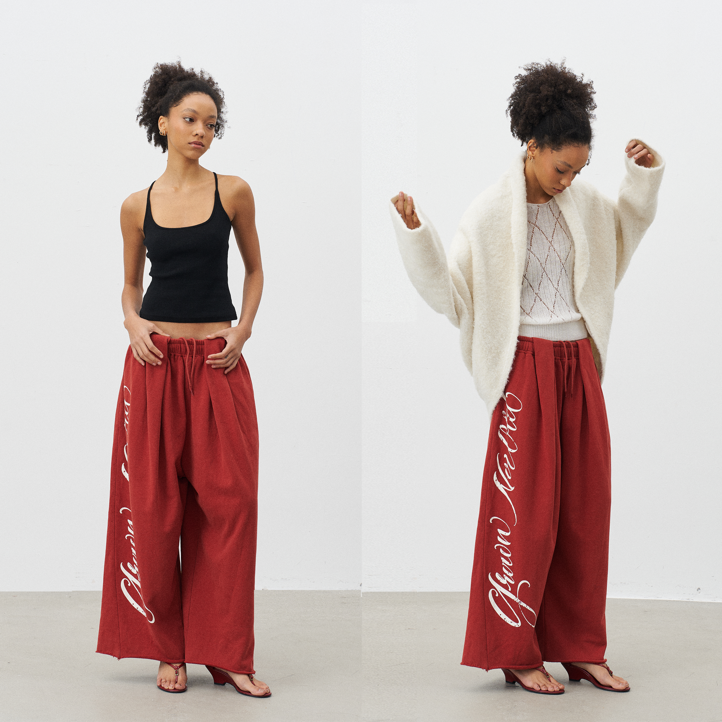 GROWN NOTOLD 打褶设计抽绳印花阔腿立体宽松休闲红色九分卫裤,女装/女士精品,卫裤,淘宝优惠券,粉丝福利购,淘宝优惠卷