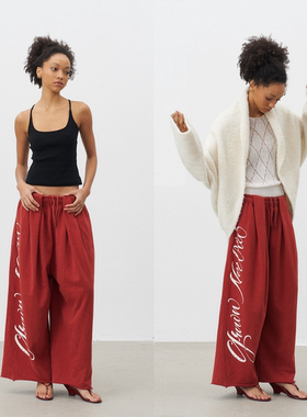 GROWN NOTOLD 打褶设计抽绳印花阔腿立体宽松休闲红色九分卫裤