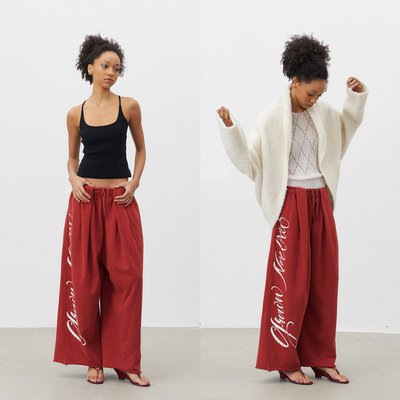 阔腿宽松红色九分卫裤