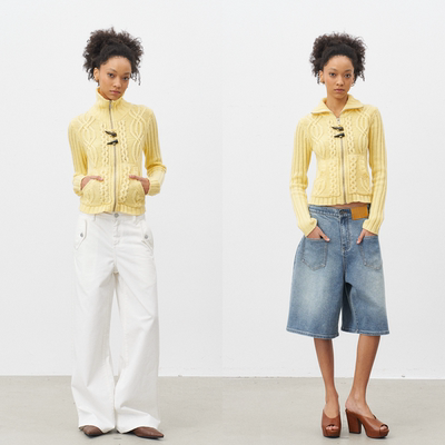 高领提花黄色针织拉链毛衣外套