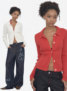 Grown Notold 双色坑条经典基础款  弹力针织柔软开衫毛衣