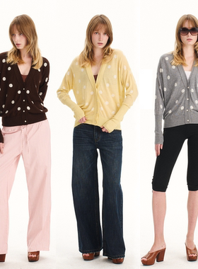 Grown Notold 波点大V领提花慵懒针织羊毛混纺毛衣开衫外套