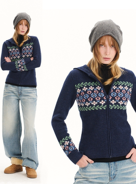 Grown Notold 复古费尔岛提花慵懒连帽针织羊毛毛衣开衫外套