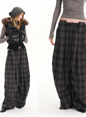 GROWN NOTOLD 格纹打褶抽绳阔腿松弛宽松伞兵休闲长裤