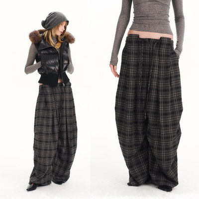 格纹宽松休闲抽绳阔腿伞兵裤