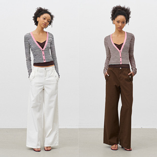 GROWN NOTOLD 条纹拼色羊毛混纺修身吊带两件套针织开衫长袖