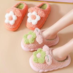 棉拖鞋女秋冬季厚底高跟室内卡通可爱花朵拖鞋冬保暖防滑外穿冬天