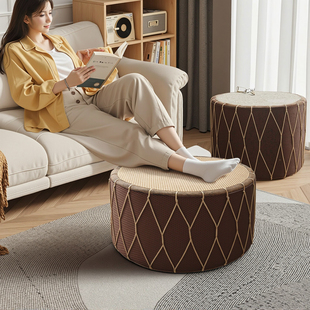 垫脚凳家用藤编凳子办公室脚踏搭脚凳日式 凳放脚神器 圆形坐垫换鞋