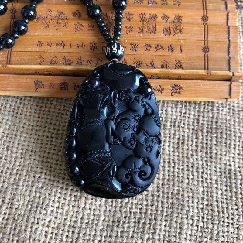 玉佩项链天然黑曜石吊坠送证书
