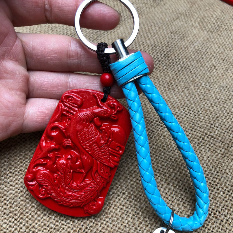 台湾原色朱砂浴火凤凰钥匙扣帝王红朱雀挂件玉石吊坠送证书
