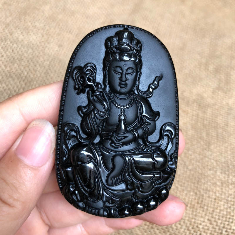 南海观音玉佩天然黑曜石证书吊坠