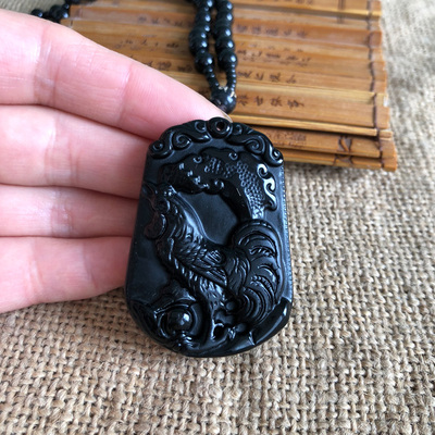 黑曜石挂件金鸡玉佩项链坠送证书