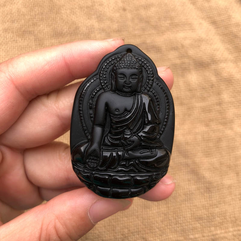 天然黑曜石药师佛本命年证书玉牌