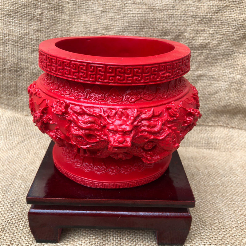 台湾原色朱砂帝王红龙头香炉双龙戏珠摆件送证书
