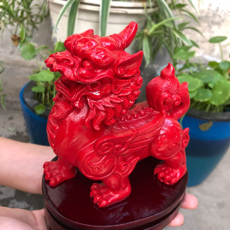 台湾原色朱砂独角飞天火麒麟摆件帝王红麒麟摆件证书