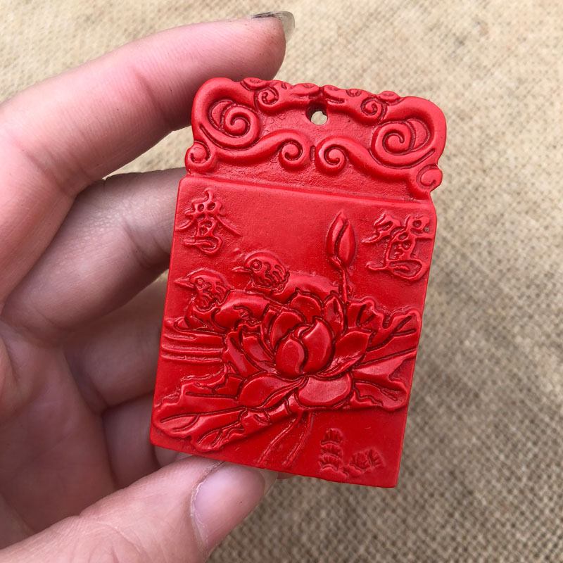 台湾原色朱砂荷花鸳鸯吊坠百年好合结婚礼品项链钥匙扣送证书