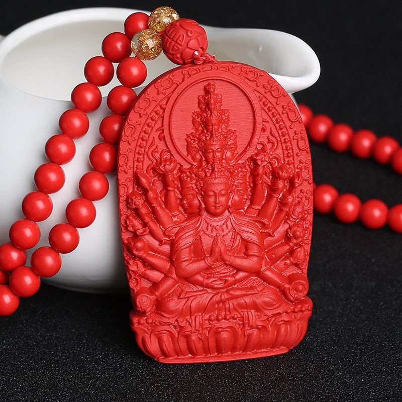 台湾原色朱砂千手观音菩萨吊坠守护神挂件生肖属鼠本命佛项坠