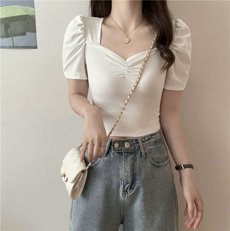 Actual price and real shot~Summer new style retro small square collar slim fit collarbone exposed T-shirt