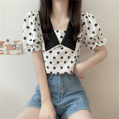 Real price real shot - new French retro color contrast doll collar short sleeve shirt in summer